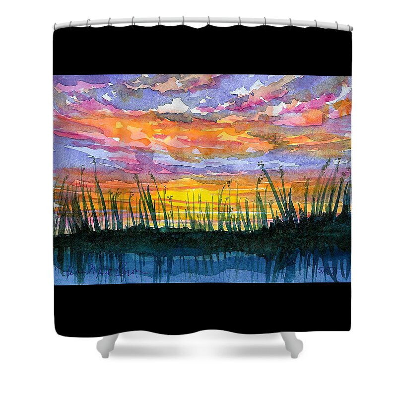 Sunset Shower Curtain featuring the painting Reedy Sunset by Anne Marie Brown