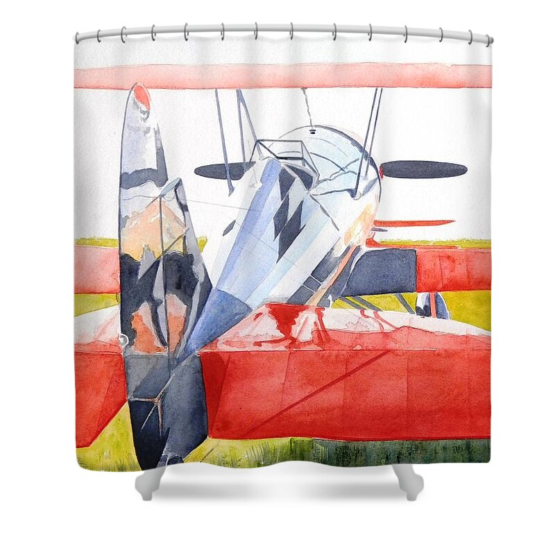 Biplane Shower Curtain featuring the painting Reflection on Biplane by John Neeve