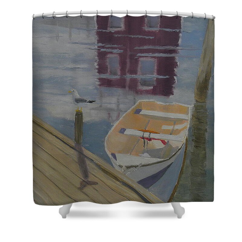 Reflection Red Boat Dock Harbor Seagull Ocean Building Landscape Shower Curtain featuring the painting Reflection In Red by Scott W White