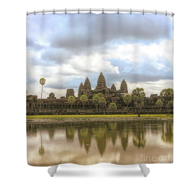 Angkor Wat Shower Curtain featuring the photograph Reflections Angkor Wat Panorama by Chuck Kuhn
