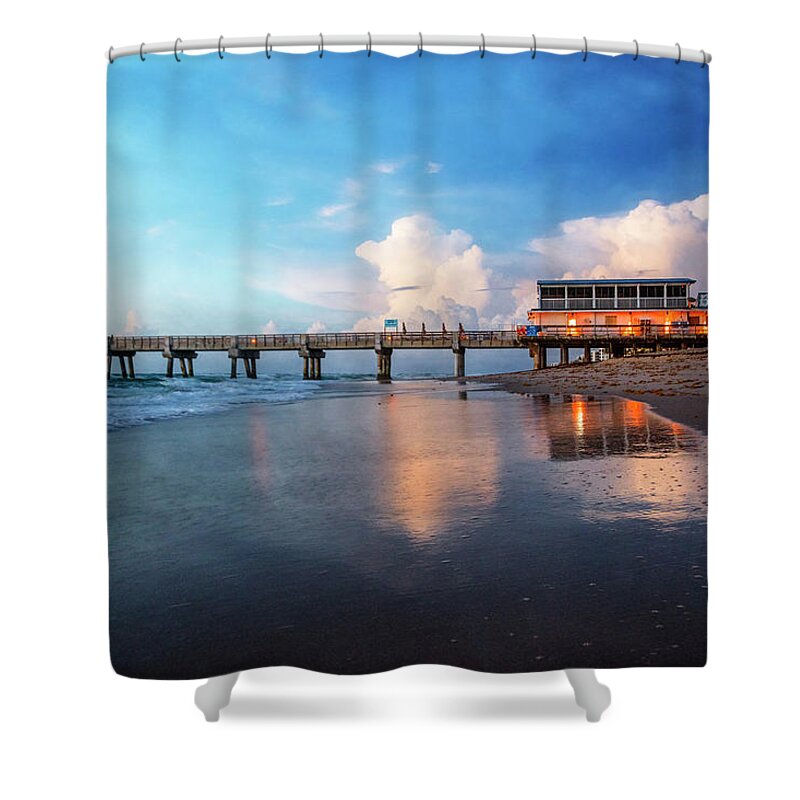 Clouds Shower Curtain featuring the photograph Reflections at Dawn at the Pier by Debra and Dave Vanderlaan