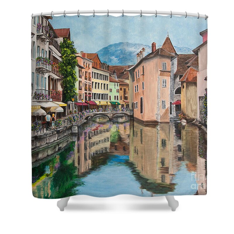 Annecy France Art Shower Curtain featuring the painting Reflections Of Annecy by Charlotte Blanchard