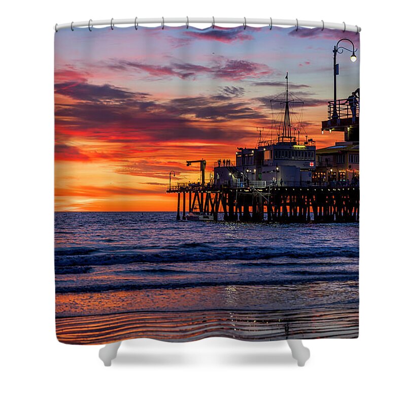 Santa Monica Pier Sunset Shower Curtain featuring the photograph Reflections Of The Pier by Gene Parks