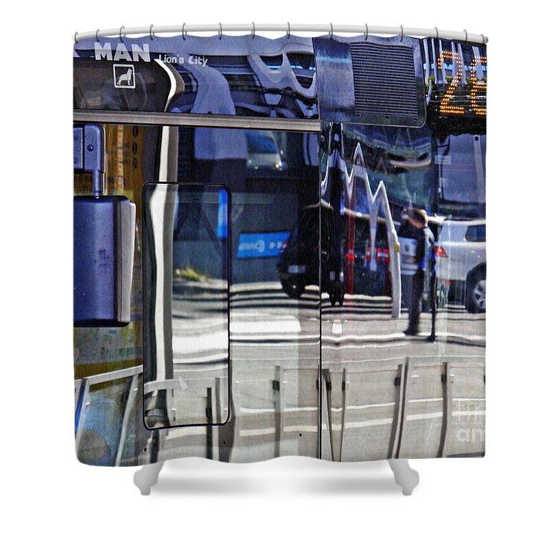 Bus Shower Curtain featuring the photograph Reflections on a Bus in Mainz 2 by Sarah Loft
