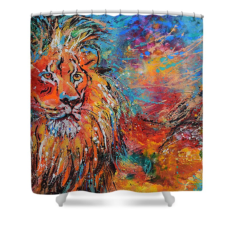 African Wildlife Shower Curtain featuring the painting Regal Lion by Jyotika Shroff