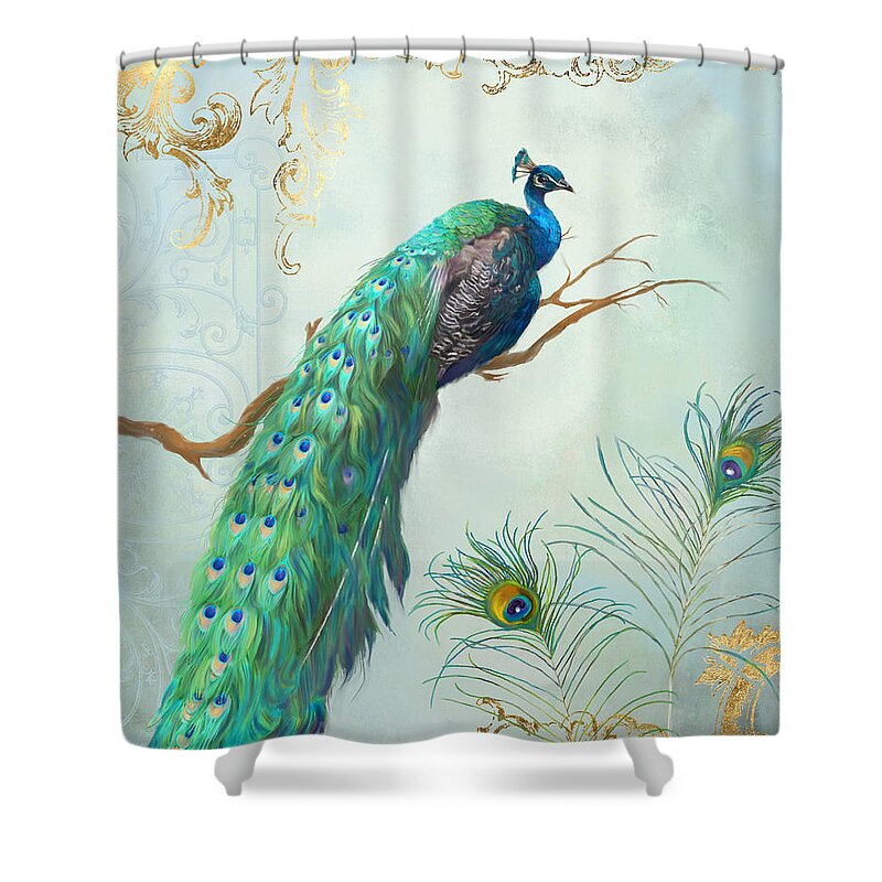 Peacock On Tree Branch Shower Curtain featuring the painting Regal Peacock 1 on Tree Branch w Feathers Gold Leaf by Audrey Jeanne Roberts