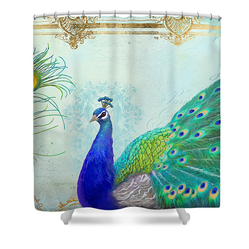 Peacock Shower Curtain featuring the painting Regal Peacock 2 w Feather n Gold Leaf French Style by Audrey Jeanne Roberts