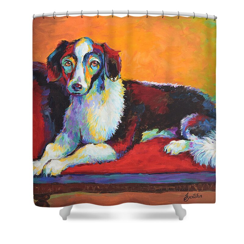 Pet Shower Curtain featuring the painting Regal Puppy by Jyotika Shroff