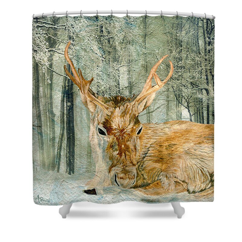 Deer Shower Curtain featuring the painting Reindeer In The Forest by Angeles M Pomata