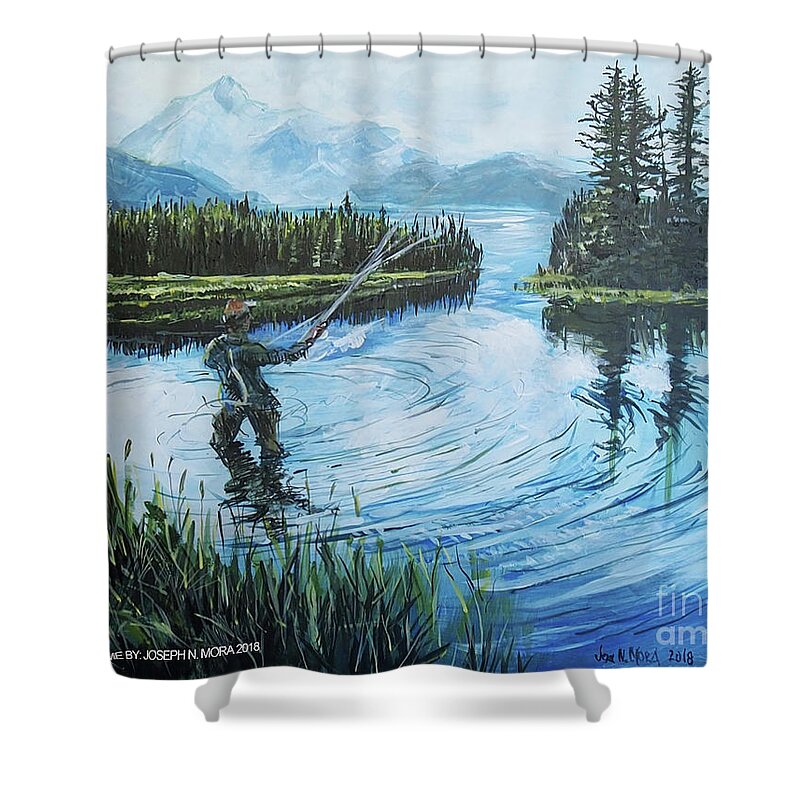 Fly Fishing Shower Curtain featuring the painting Relaxing @ Fly Fishing by Joseph Mora
