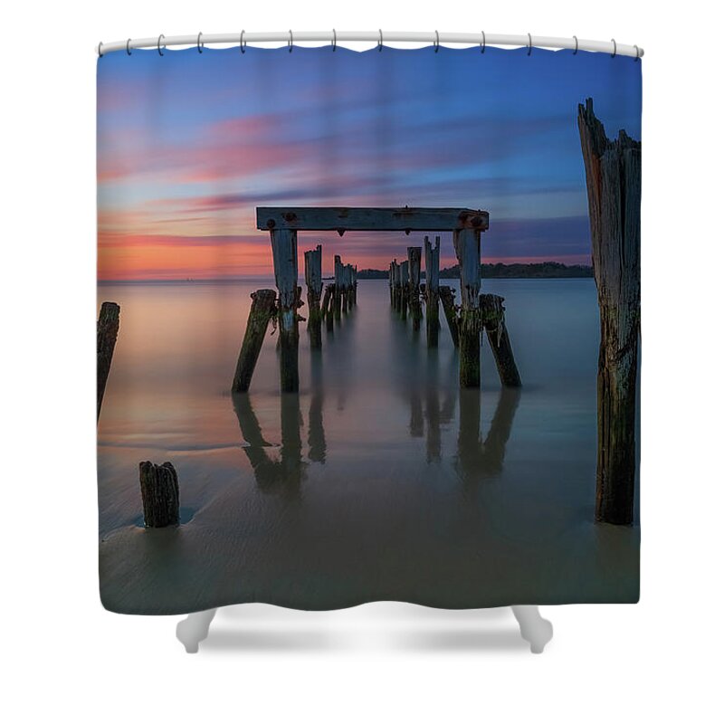 Sunrise; Massachusetts; New England; Pier; Historic; Long Exposure; Ocean; Beverly; Beverly Farms; West Beach; Misery Island; East Coast; Usa; Red; Orange; Peaceful; Calm; Soothing; Tranquil; Morning; Alone; Old; Relic; Blizzard Of '78; Remains; Relic Shower Curtain featuring the photograph Relic by Rob Davies