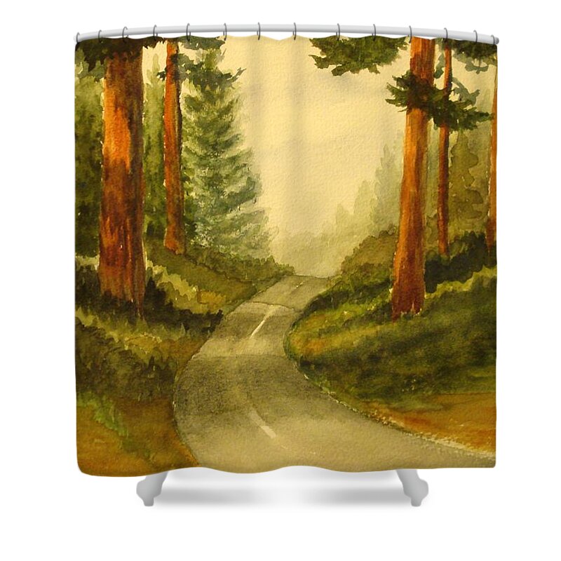 Redwoods Shower Curtain featuring the painting Remembering Redwoods by Marilyn Jacobson