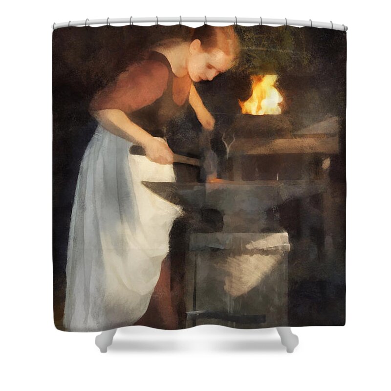 Lady Woman Girl Forge Smith Blacksmith Anvil Hammer Hammering Forging Work Worker Working Renaissance Medieval Shower Curtain featuring the digital art Renaissance Lady Blacksmith by Frances Miller