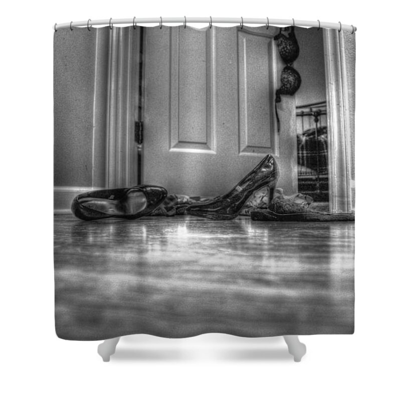 Rendezvous Shower Curtain featuring the photograph Rendezvous do not disturb 05 BW by Andy Lawless