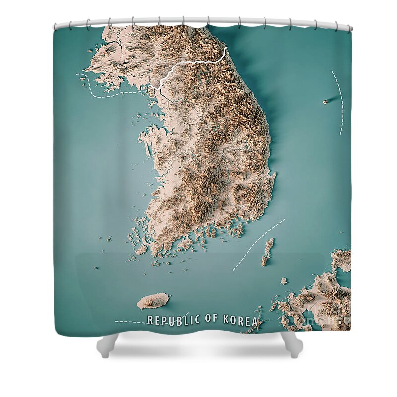 Republic Of Korea Shower Curtain featuring the digital art Republic of Korea 3D Render Topographic Map Neutral Border by Frank Ramspott