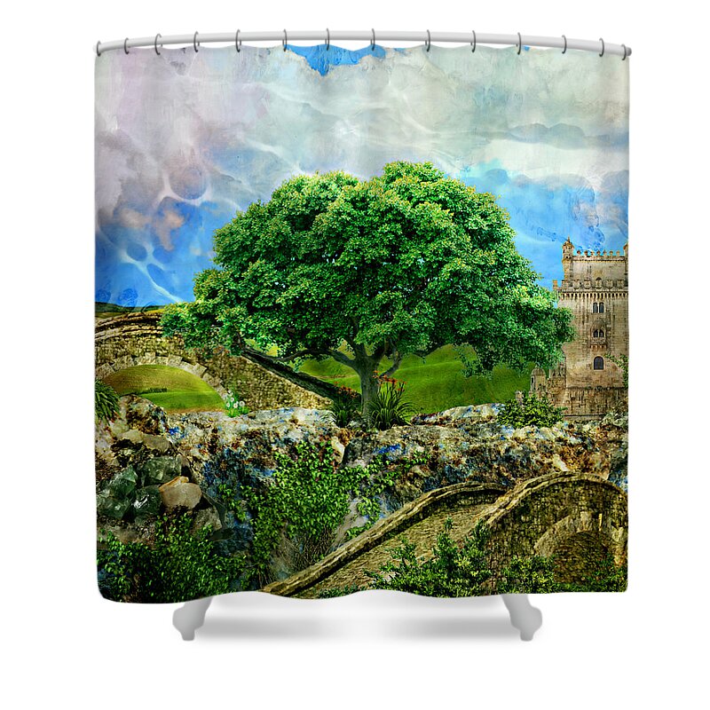 Paradise Shower Curtain featuring the mixed media Requiem for Paradise by Ally White