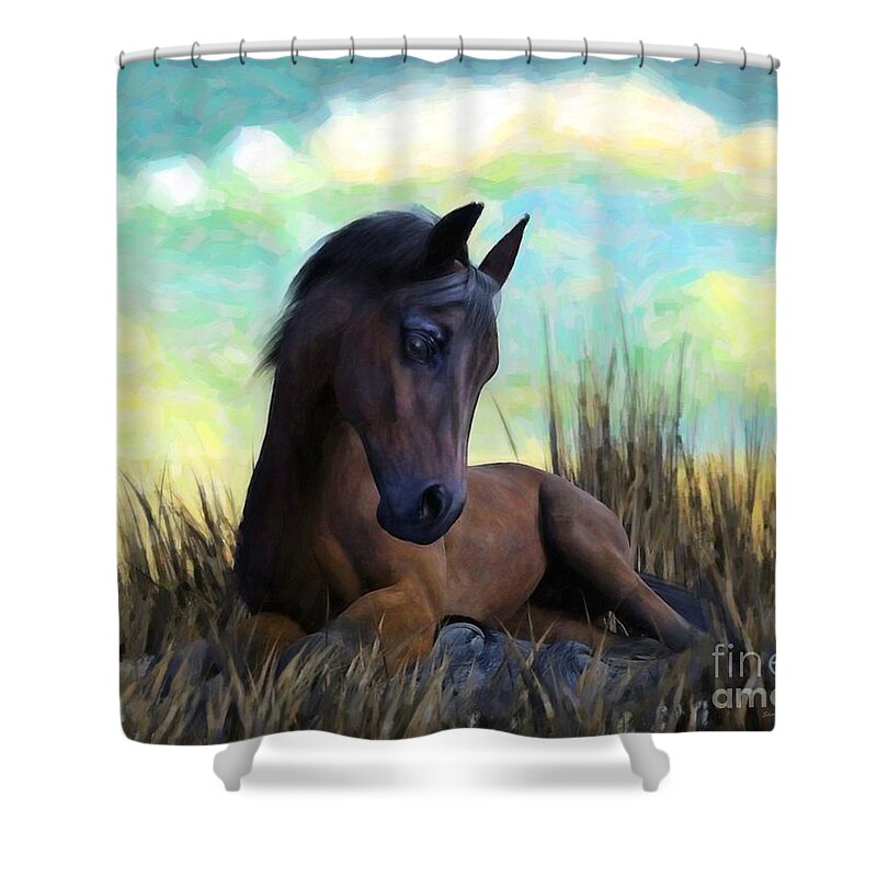 Horse Shower Curtain featuring the painting Resting Foal by Sandra Bauser