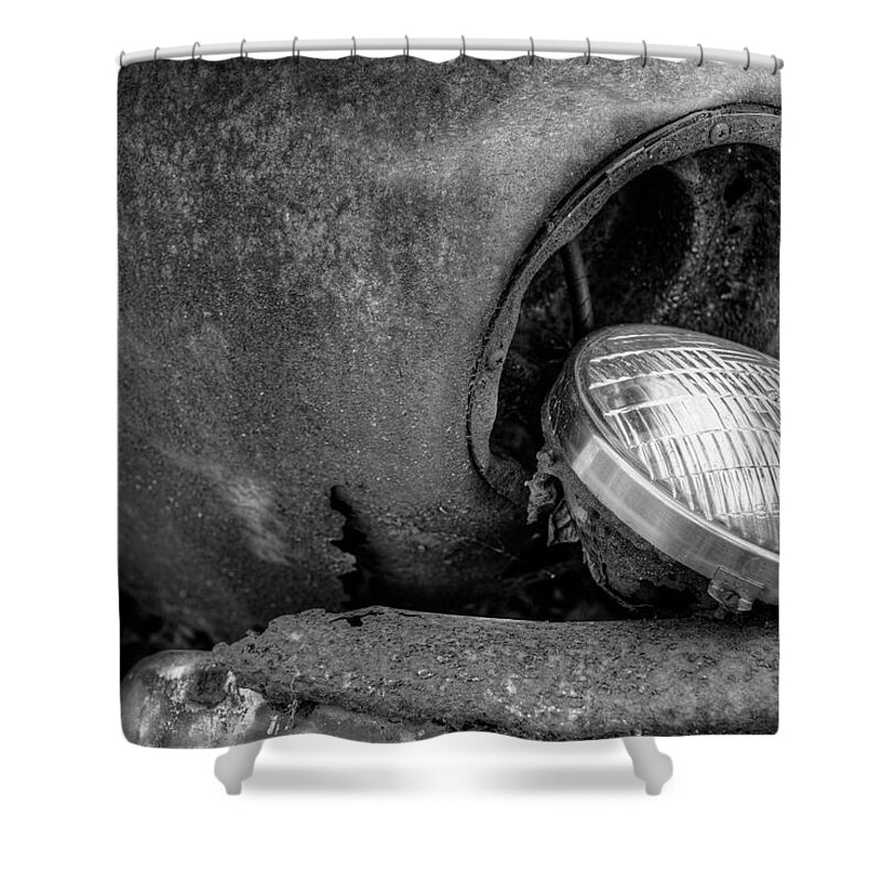 Automobile Shower Curtain featuring the photograph Resting Headlight of Rusty Car by Dennis Dame
