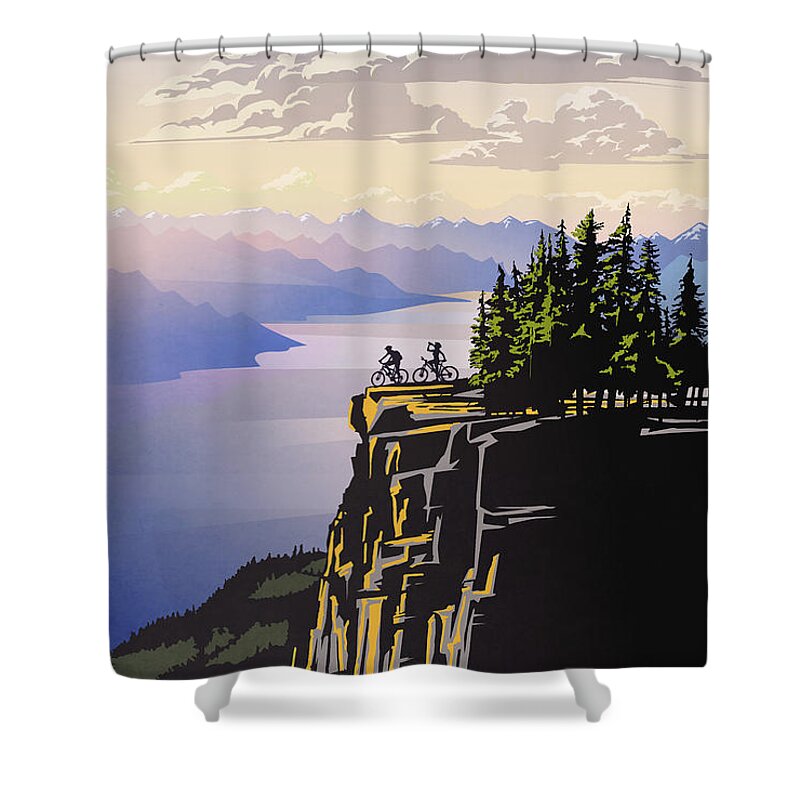 Cycling Shower Curtain featuring the digital art Retro Beautiful BC Travel poster by Sassan Filsoof