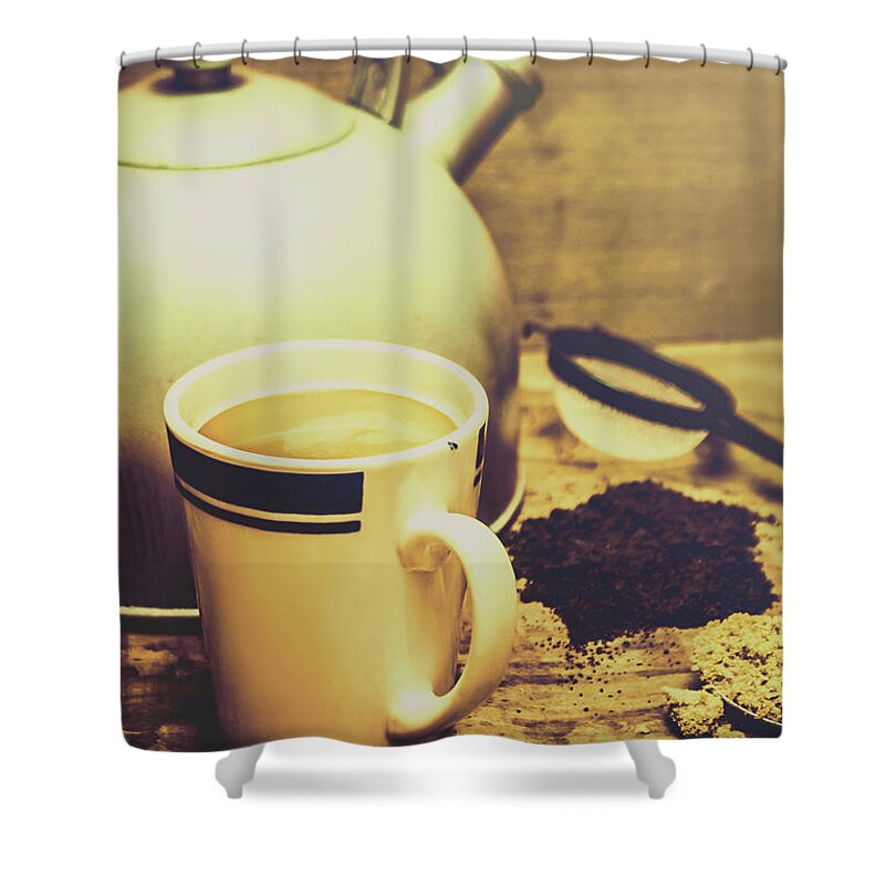 Kettle Shower Curtain featuring the photograph Retro kettle with the mug of tea by Jorgo Photography