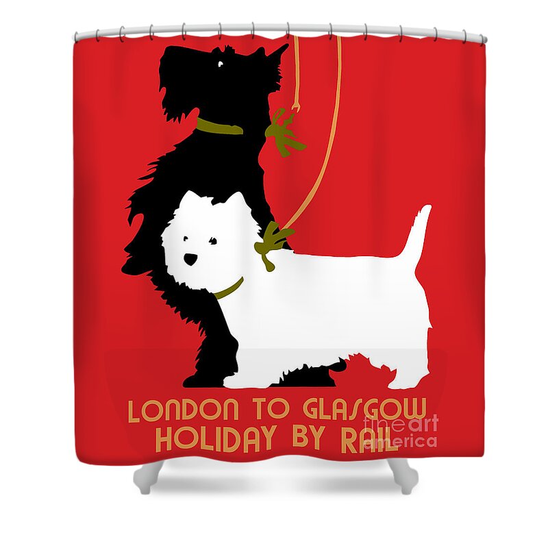 Vintage Shower Curtain featuring the digital art Retro London and Glasgow by train, dogs terriers by Heidi De Leeuw