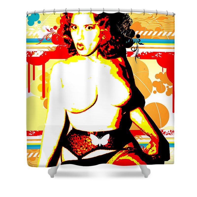 Nostalgic Seduction Shower Curtain featuring the mixed media Nostalgic Seduction - Retro Redhead by Chris Andruskiewicz