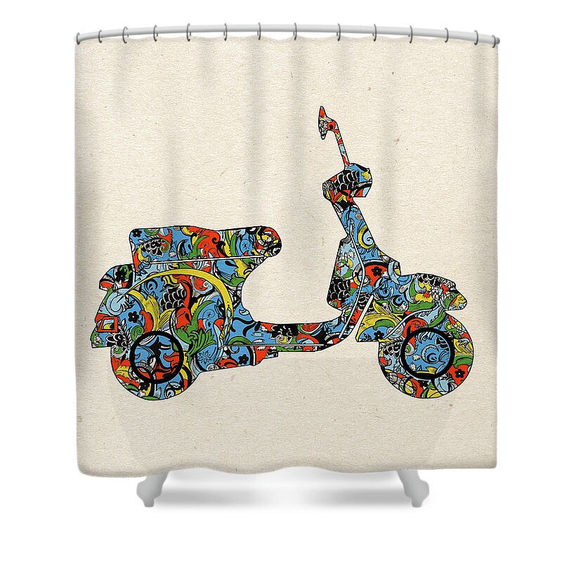 Retro Shower Curtain featuring the digital art Retro Scooter by Bekim M