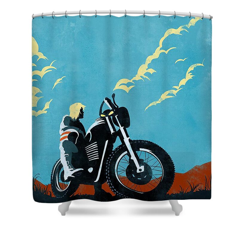 Caferacer Shower Curtain featuring the painting Retro scrambler motorbike by Sassan Filsoof