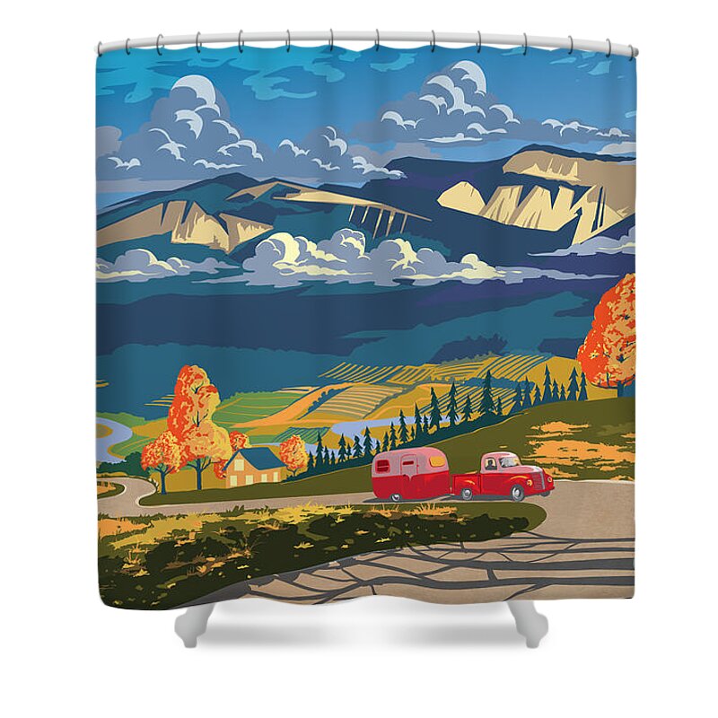 Retro Travel Shower Curtain featuring the painting Retro Travel Autumn Landscape by Sassan Filsoof