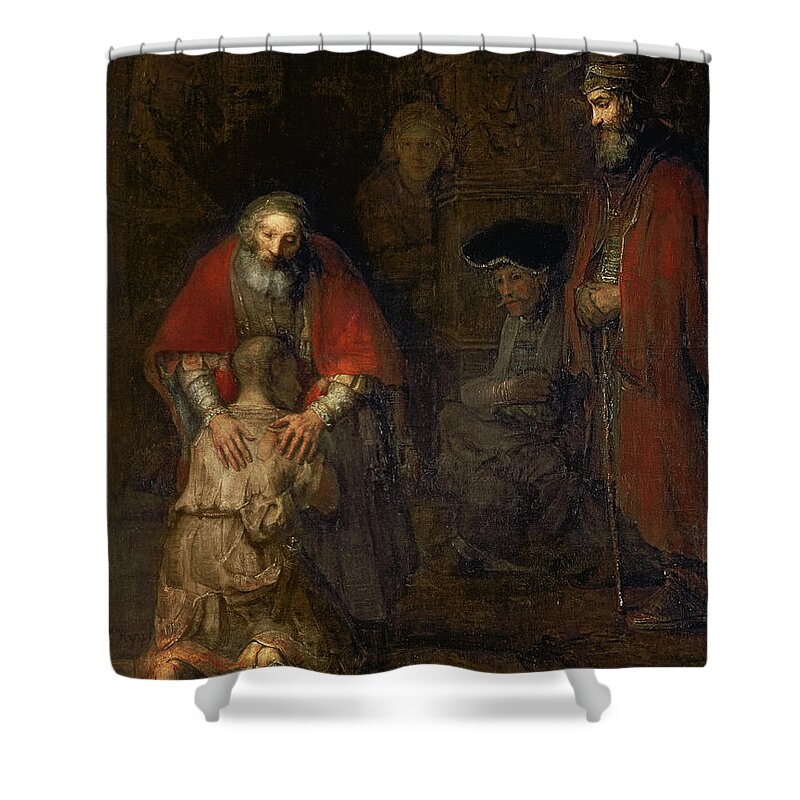 Return Shower Curtain featuring the painting Return of the Prodigal Son by Rembrandt Harmenszoon van Rijn
