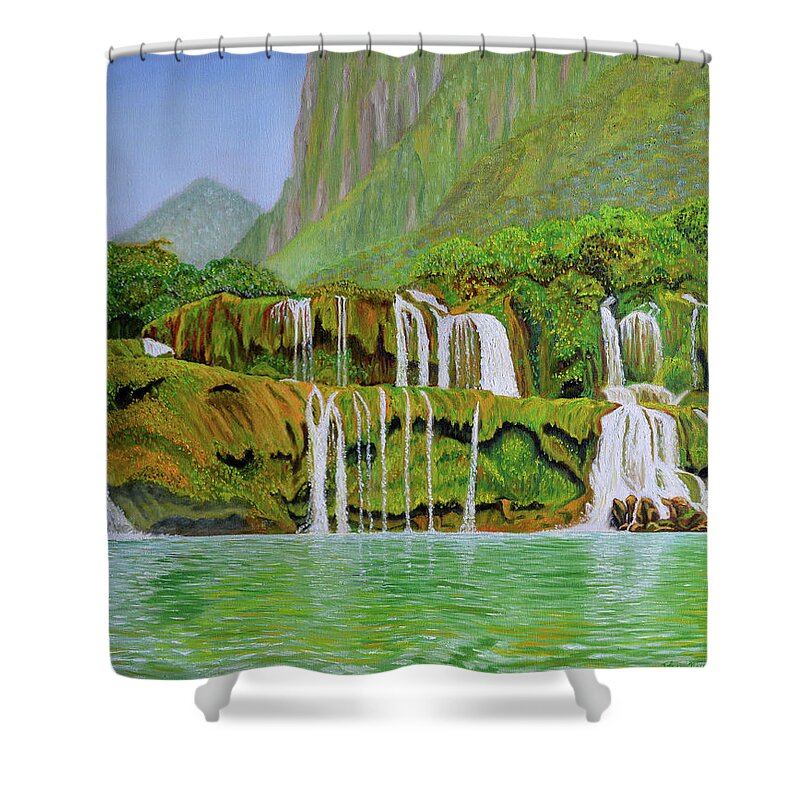Tropical Paradise Shower Curtain featuring the painting Returned to Paradise by Thu Nguyen