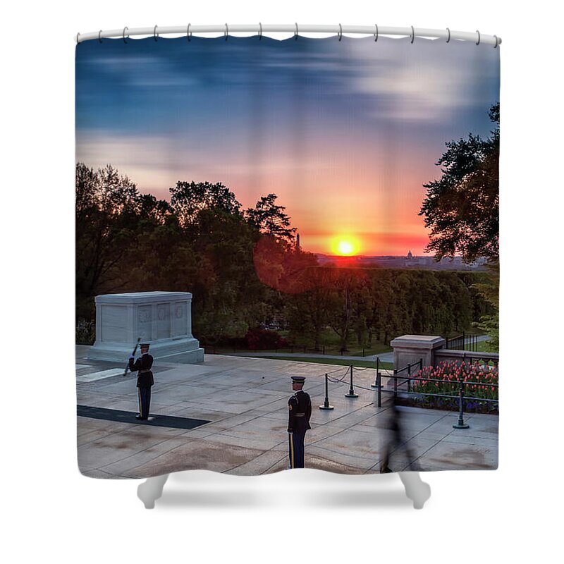 Tomb Of The Unknown Soldier Shower Curtain featuring the photograph Reveille by Edward Kreis