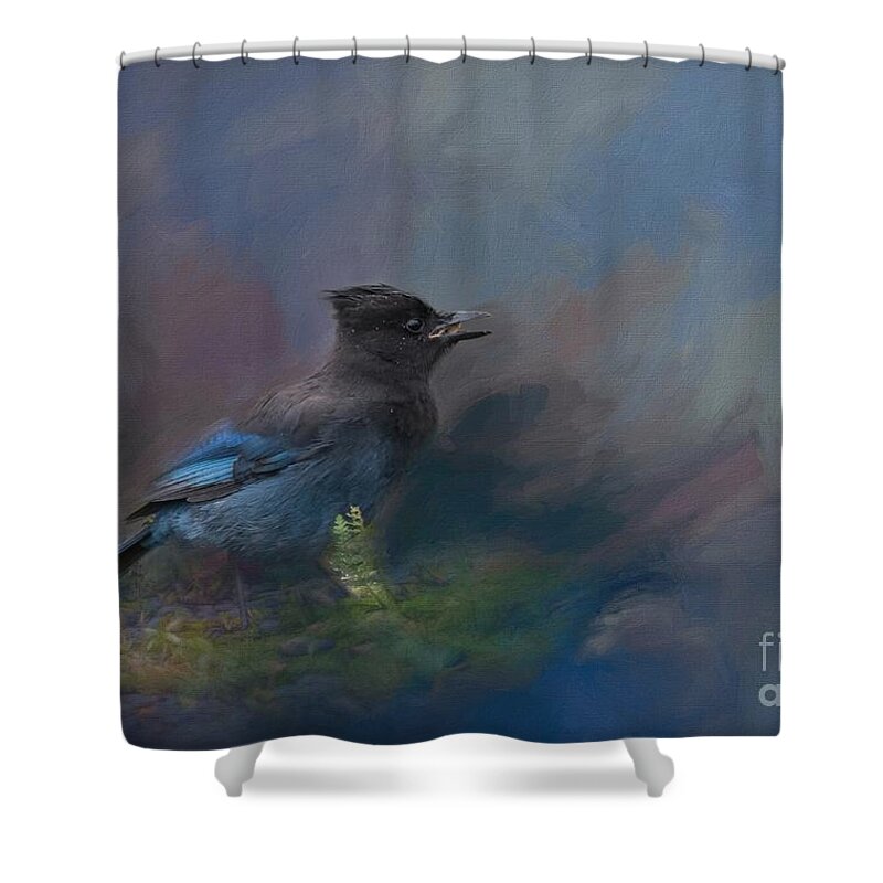 Steller's Jay Shower Curtain featuring the painting Rhapsody In Blue by Eva Lechner