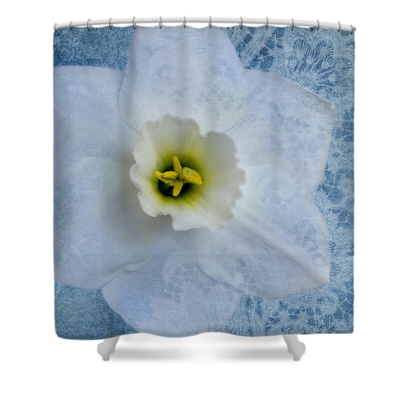 White Daffodil Flower Shower Curtain featuring the photograph Sapphire Lace by Marina Kojukhova