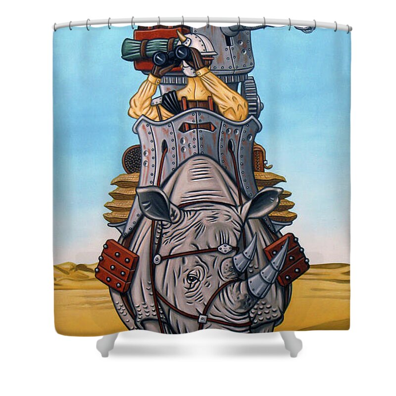  Shower Curtain featuring the painting Rhinoceros Riders by Paxton Mobley