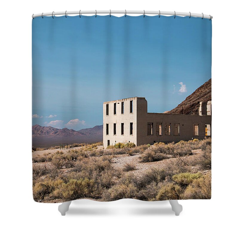 Rhyolite Shower Curtain featuring the photograph Rhylolite School Nevada by Kristia Adams