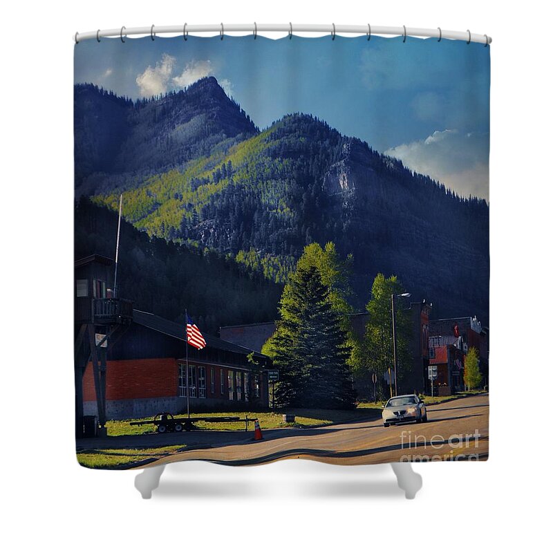 Rico Colorado With American Flag Shower Curtain featuring the digital art Rico Colorado with American Flag by Annie Gibbons