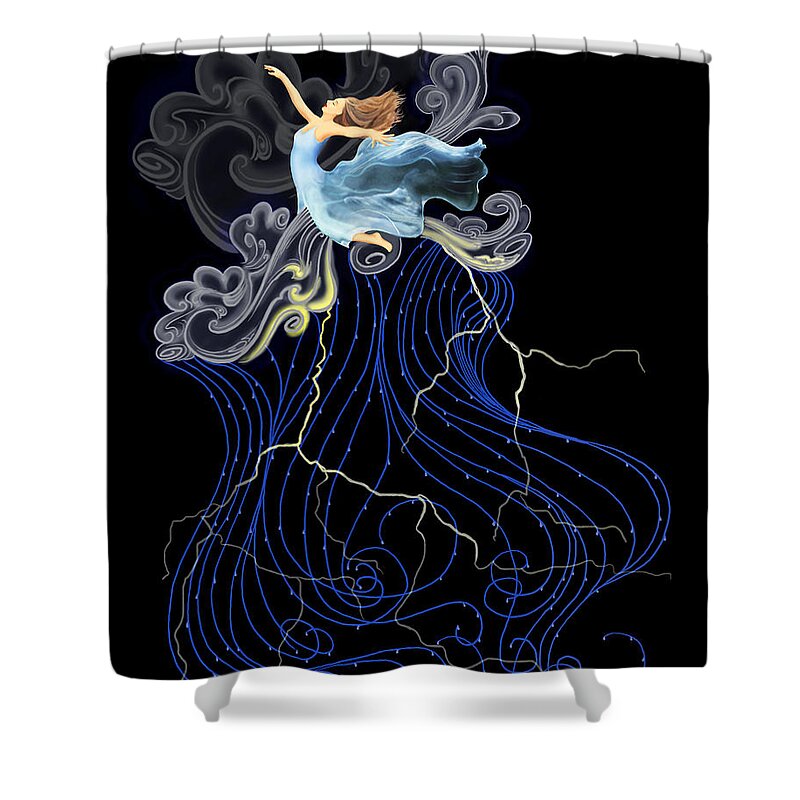 Lady Female Angel Girl Woman Storm Cloud Rain Thunder Lightning Exhilaration Joy Conquer Conqueror Challenge Success Enjoy Freedom Sky Fly Flying Soar Survive Shower Curtain featuring the digital art Ride the Storm by Frances Miller