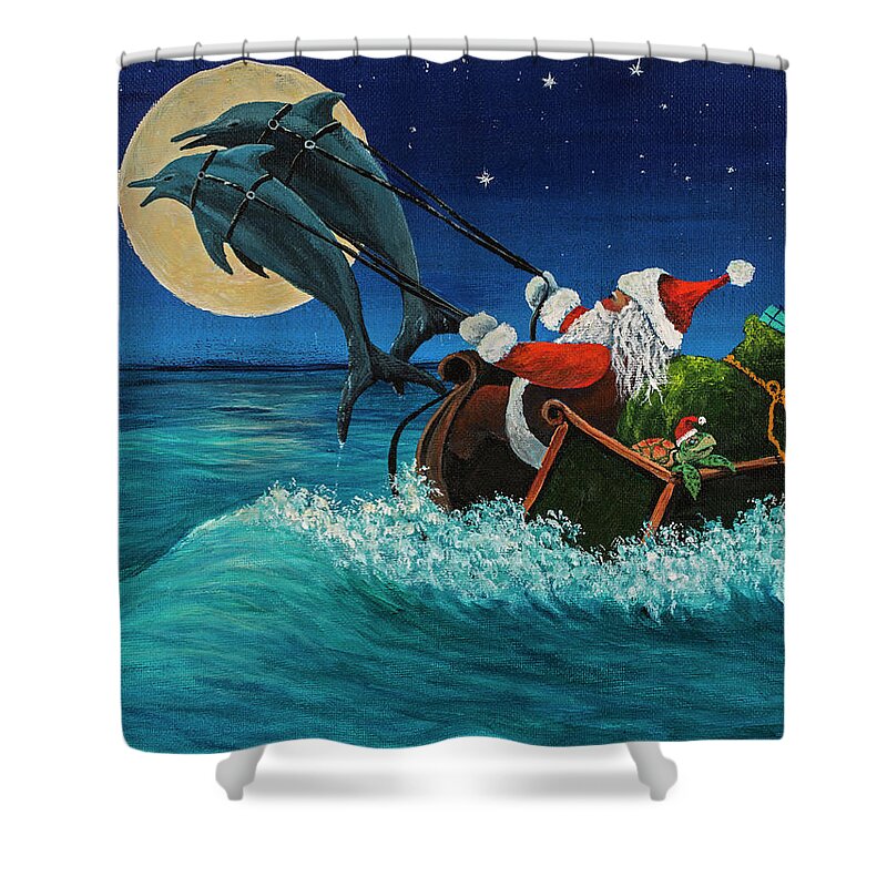 Santa Shower Curtain featuring the painting Riding The Waves With Santa by Darice Machel McGuire