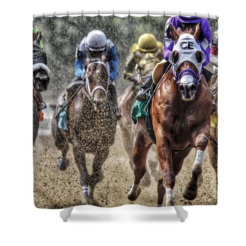 Race Horses Shower Curtain featuring the photograph Right at You by Jeffrey PERKINS