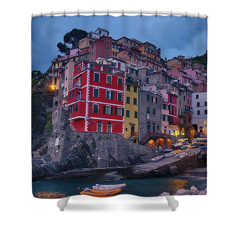 Joan Carroll Shower Curtain featuring the photograph Riomaggiore in Cinque Terre Italy by Joan Carroll
