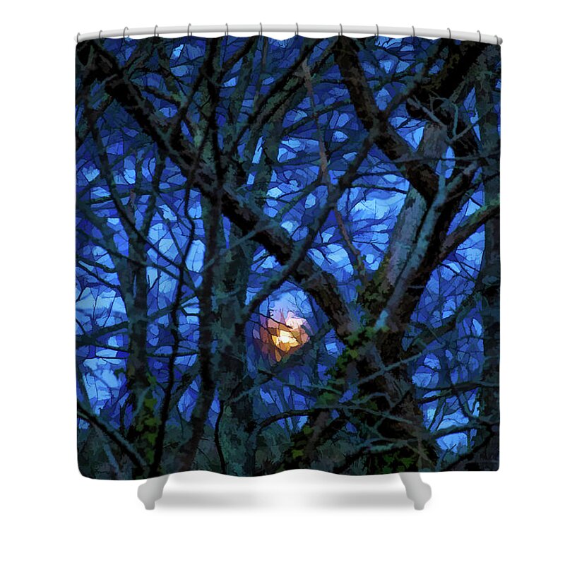 Moon Shower Curtain featuring the digital art Rising Moon Through the Trees by Lisa Lemmons-Powers