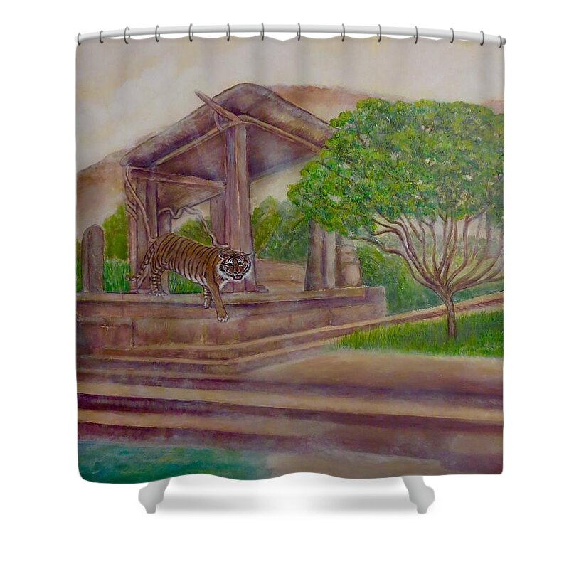 Knoxville Zoo Tiger Female Acrylic Nature Painting Ancient Temple Ruins Mountain Background Mist Water Mystical Work Tiger Paintings Asian Paintings Acrylic Paintings Shower Curtain featuring the painting Rising Spirit of the Tiger with the Sun by Kimberlee Baxter