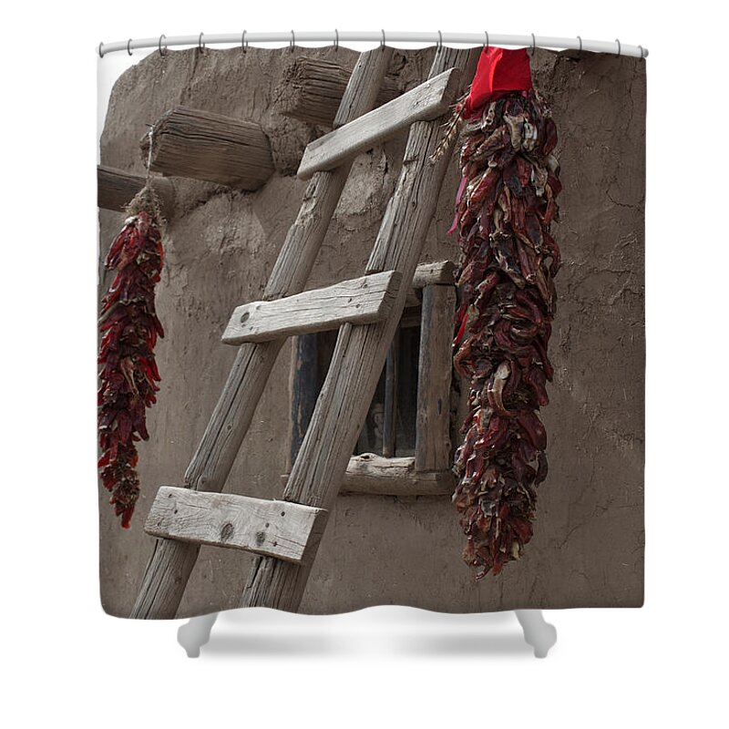 Chili Shower Curtain featuring the photograph Ristras in Taos Pueblo by David Diaz