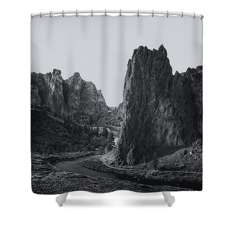 Smith Rock Shower Curtain featuring the photograph River and Rock bw by Belinda Greb