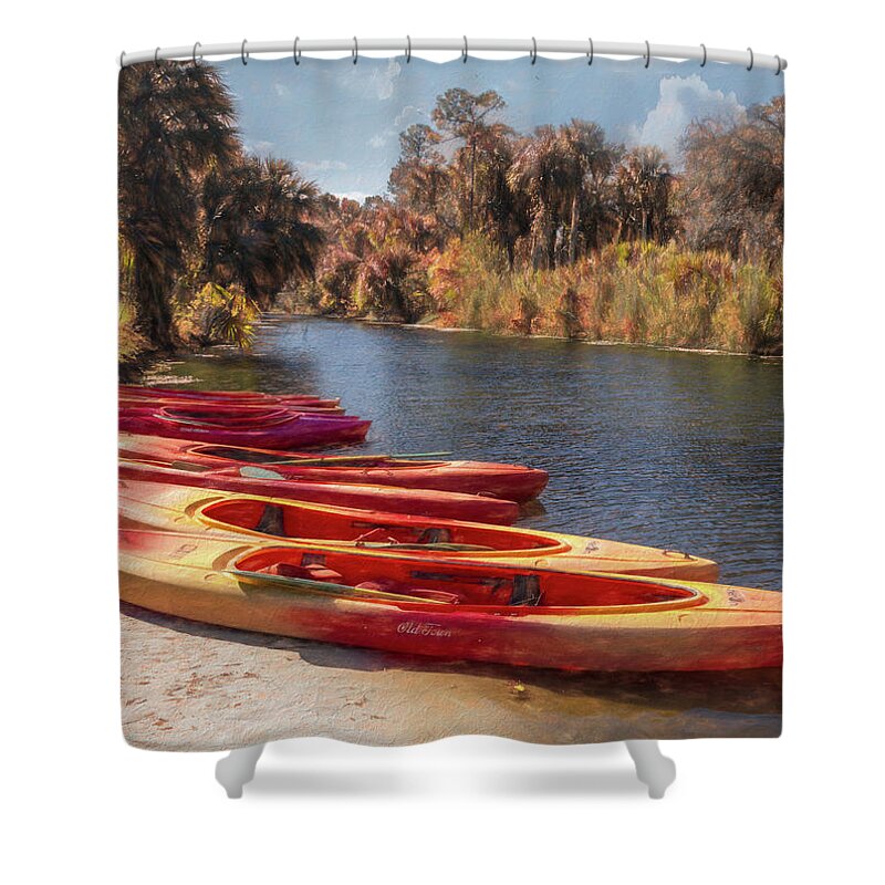 Boats Shower Curtain featuring the photograph River Kayaks Painting by Debra and Dave Vanderlaan