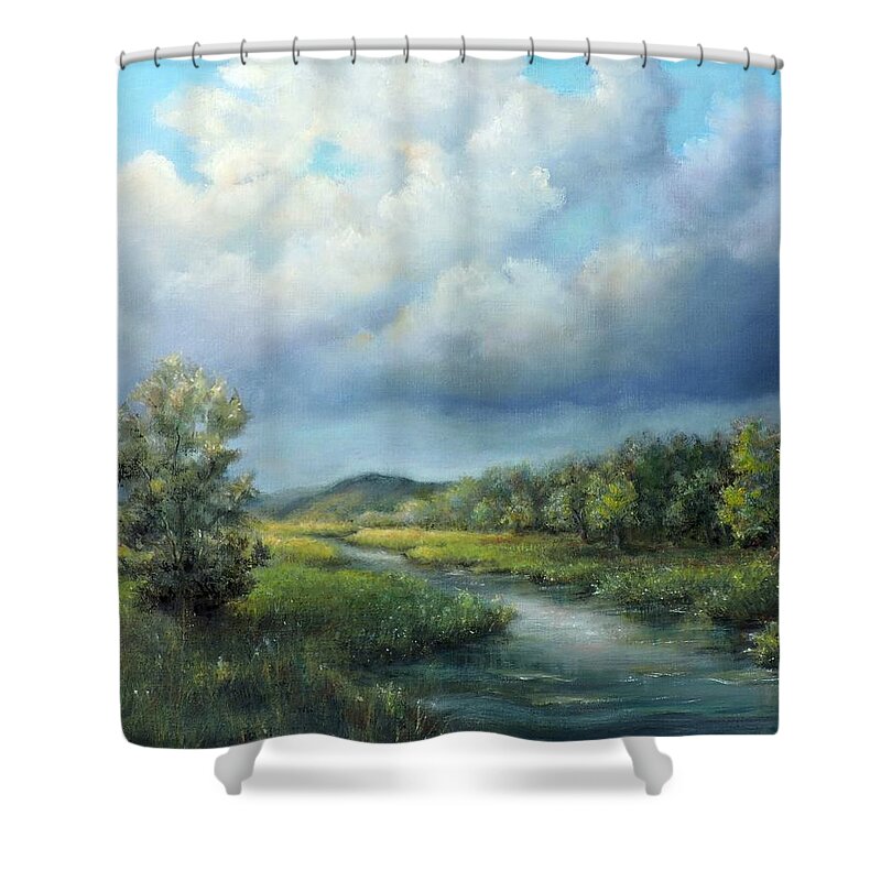 Landscape Shower Curtain featuring the painting River landscape spring after the rain by Katalin Luczay
