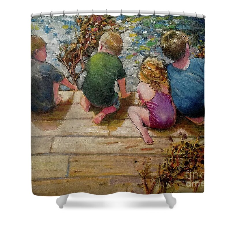 Children Shower Curtain featuring the painting River Tenders by Mary Hubley