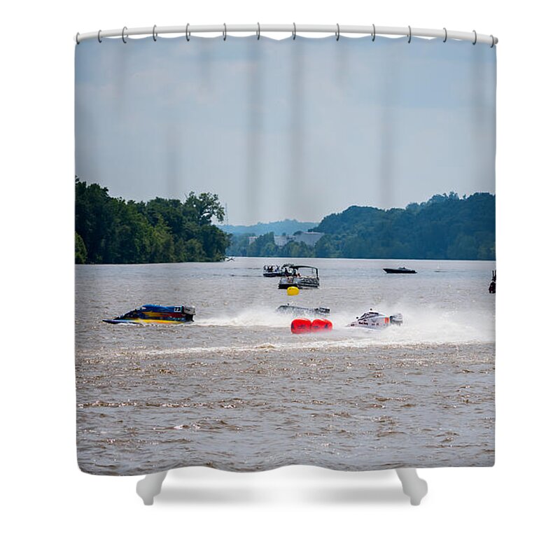 Riverfront Roar Shower Curtain featuring the photograph Riverfront Roar- Taking The Turn by Holden The Moment