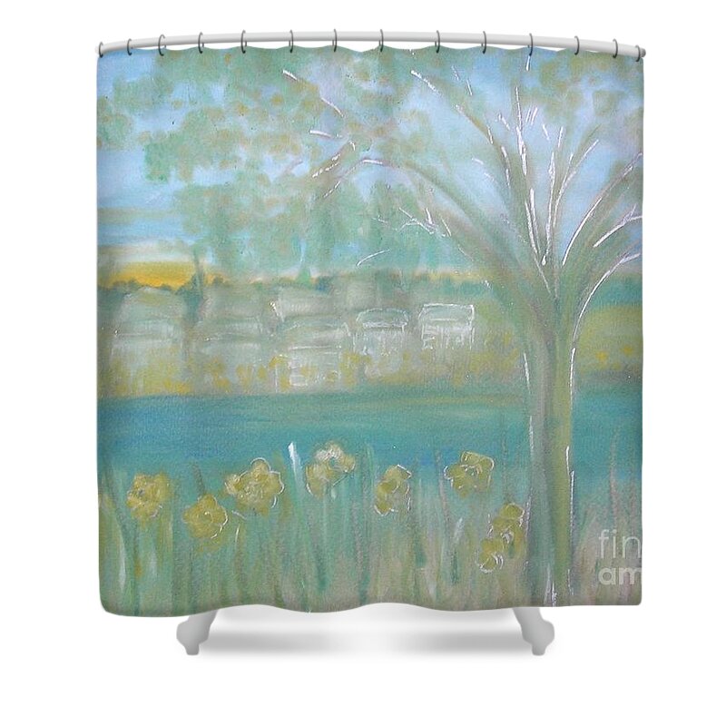 River Shower Curtain featuring the pastel Riverside Hazy Dawn by Karen Jane Jones